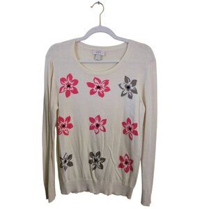 Loft Cotton Blend Neutral Floral Crewneck Pullover Sweater Size L